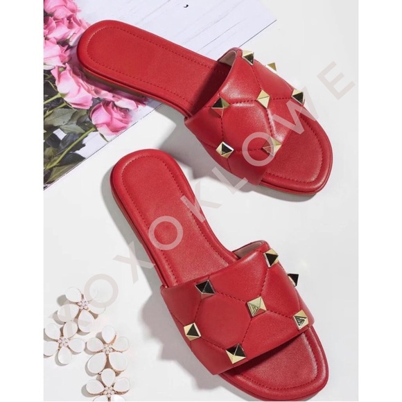 Gold Studded Quilted Wide Band Sandal Slide - Picture 10 of 13